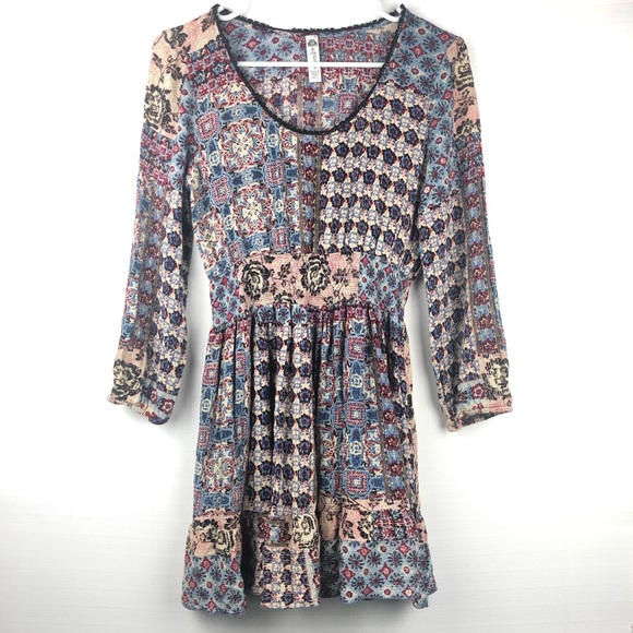 American Rag Dress Women’s M Blue Red Black Ivory Floral Geometric Pattern - Picture 3 of 7